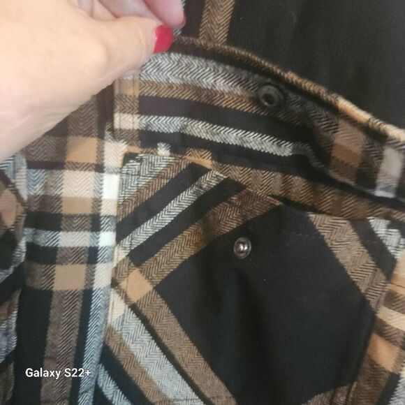 O16 George mens black/brown/tan plaid flannel black sherpa-lined jacket w snaps - Picture 6 of 10